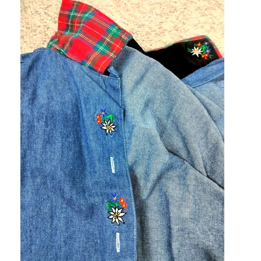 Vintage Denim Shirt Madison Avenue Cotton Velvet Trim Womens Large Blue Floral - Picture 6 of 8